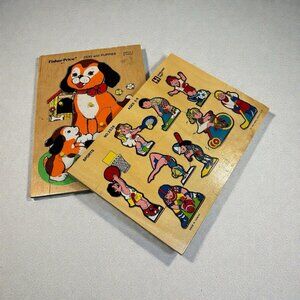 2 Vintage Puzzles Fisher Price Sports Puppies Dogs Preschool Children’s Wooden